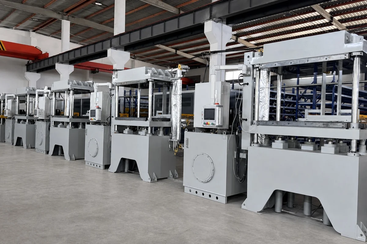 A long row of heated moulding presses running down the workshop floor